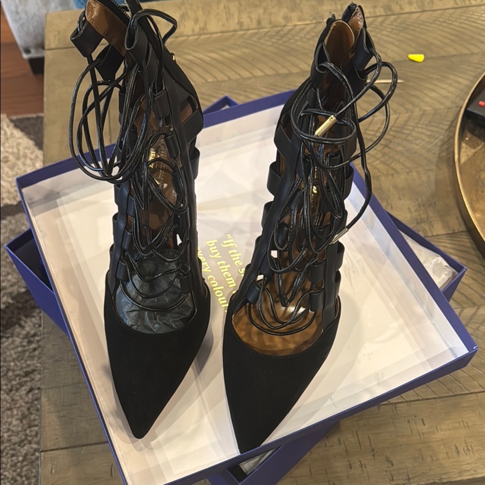 Aquazzura Black Lace-Up Heels with Pointed Toe